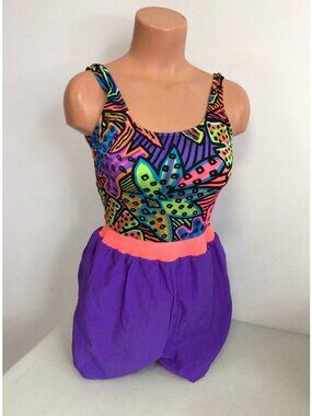 Vintage Sun Streak Neon Playsuit Swim Shorts Romper 90’s Print Womens 10
